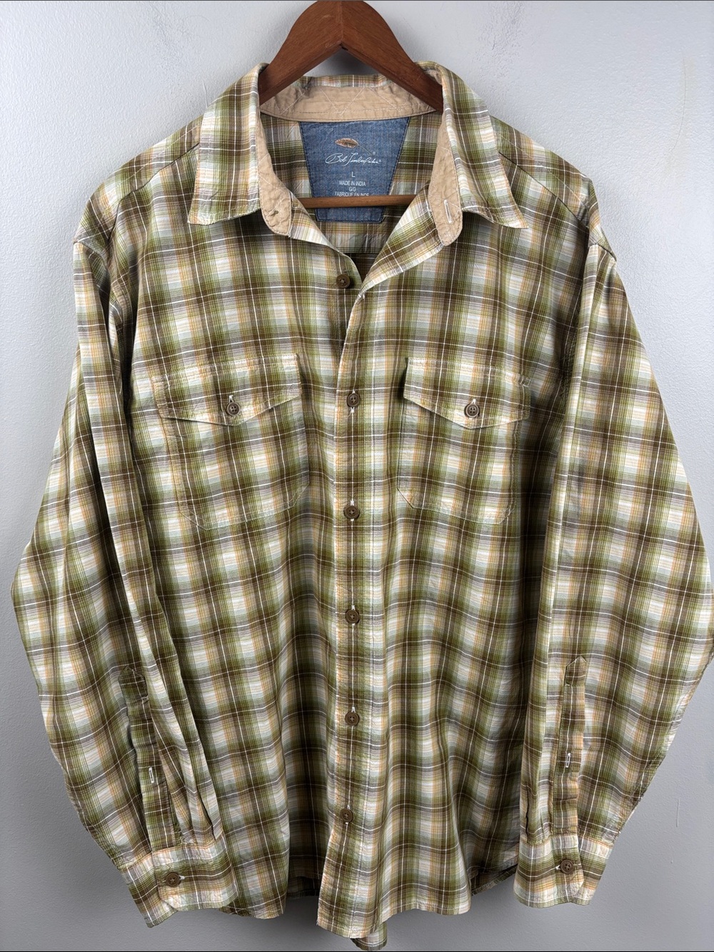 Bob Timberlake Men's Large Olive Tan Plaid Button-Down Shirt long sleeve western